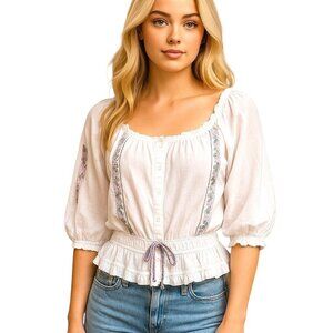 Si Style White Peasant Blouse Lavender Cinch Waist Medium